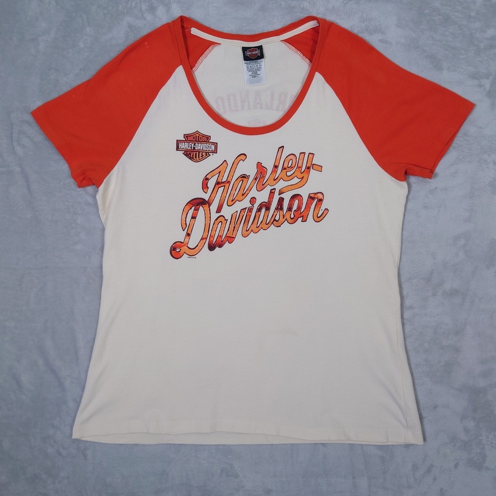 Harley-Davidson T Shirt Womens L Raglan Orange Cream Orlando FL Biker USA